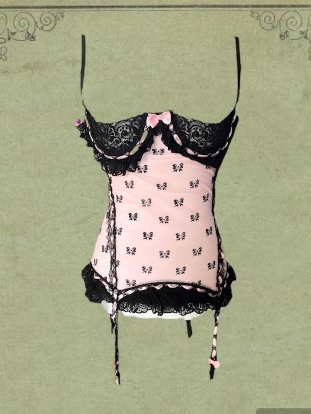 Pink and Black Bow Lace Bustier Lingerie Top
